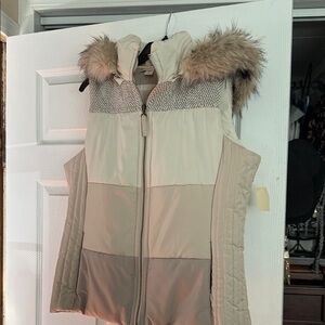 Coldwater Creek Cream and Tan Vest with Faux Fur Hood